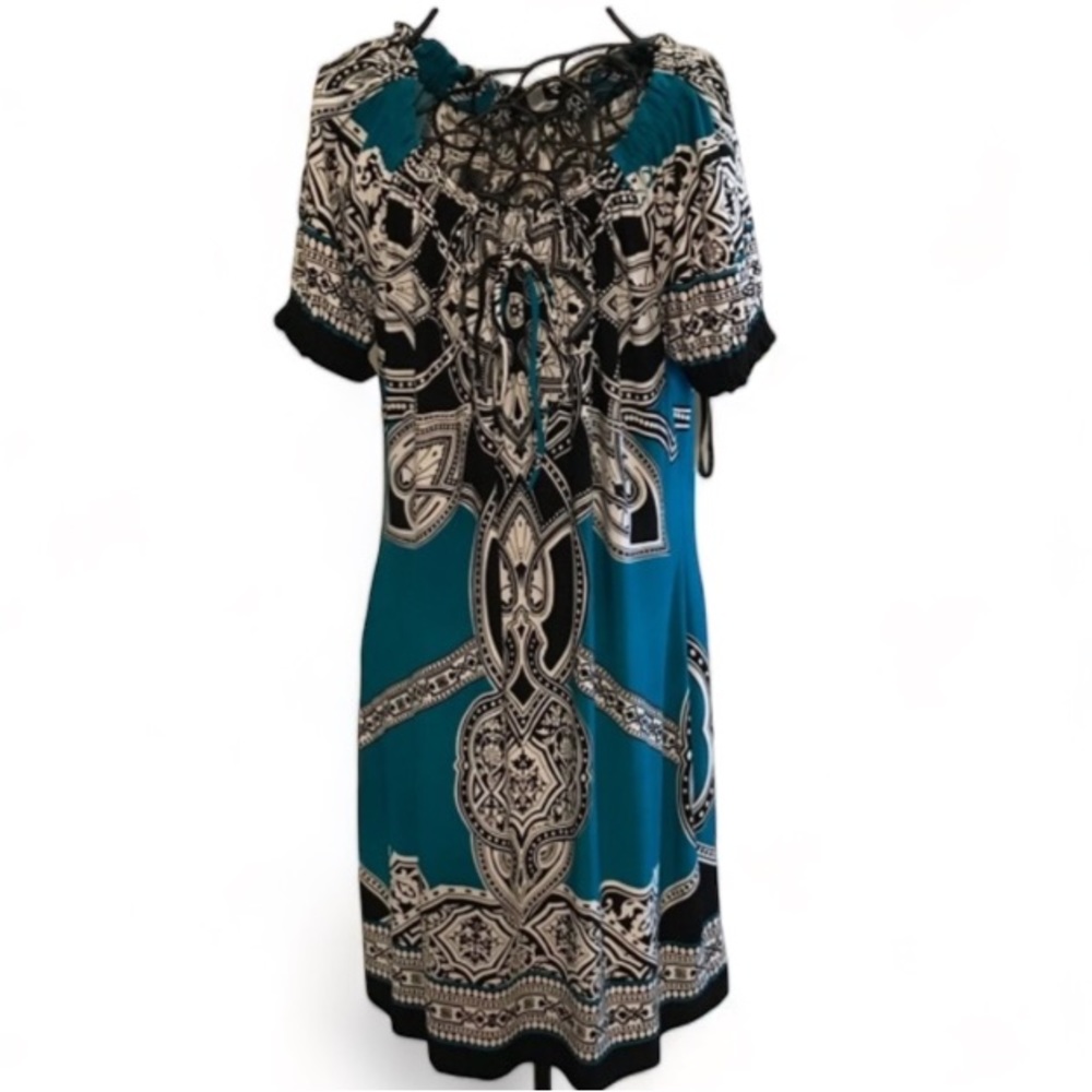 Intermission Printed Scoop Neck Dress Elastic Neck Sleeves Ladies Size 6 EUC
